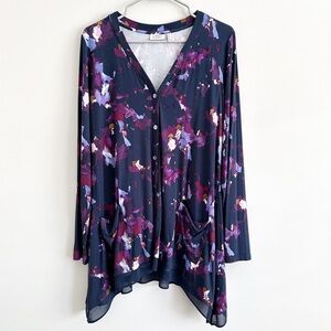 LOGO by Lori Goldstein Navy Blue Purple Floral Pocket Cardigan Tunic Chiffon Hem
